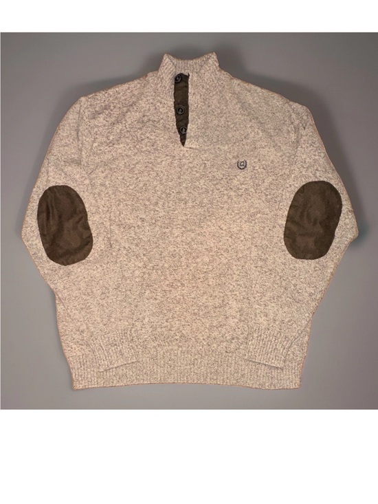 Chaps Other - VTG Chaps Sweater Mens L Oatmeal Tan Knit Button Mock Neck Elbow Patch Y2K Coppy